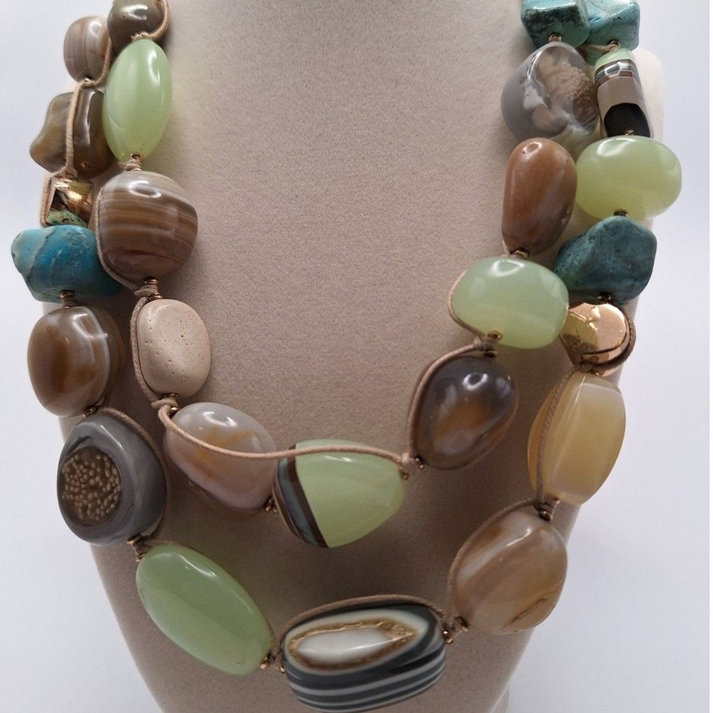 Vintage green stone necklace 2 strands Chicos gold tone string 20 inches CHUNKY